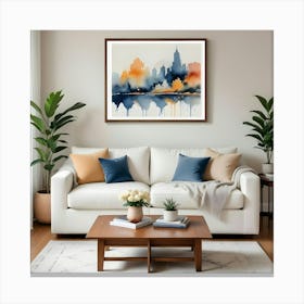 White Sofa With Blue And Beige Pillows, A Wooden Coffee Table, And An Abstract Watercolor Painting Of A Cityscape Above Canvas Print