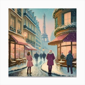 Paris cafes, winter season, Christmas, pale colors, pedestrians in the street, winter clothes, falling snow.4 2 Canvas Print