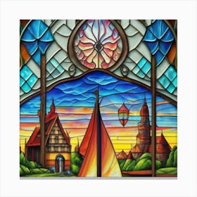 Image of medieval stained glass windows of a sunset at sea 4 Canvas Print