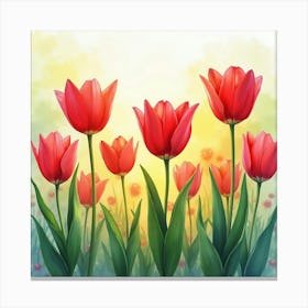 Bright Watercolor Tulips Blooming In A Colorful Garden Canvas Print