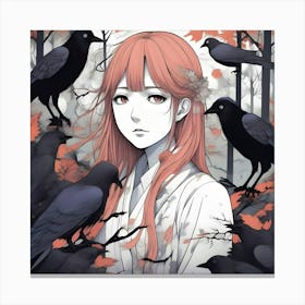 Anime Girl with Forest Crows Canvas Print