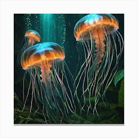 Bioluminescent Jellyfish Fish In A Jungle Fractal Pattern Vibrant By Jacob Lawrence And Francis 992543567 Canvas Print