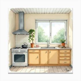 Beautiful Kitchen Setup, Watercolor, Serene Atmosphere 1 Canvas Print