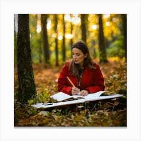 Woman Writing In The Autumn Forest Canvas Print
