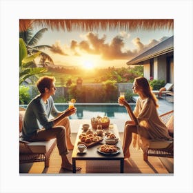 Couple Enjoying evening snacks At The Pool Canvas Print