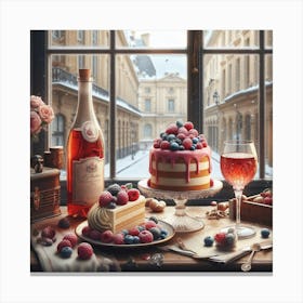 Table With Wine And Dessert Canvas Print