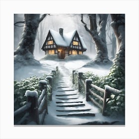 Timber Framed Woodland Cottage in the Snow Canvas Print