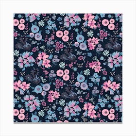 Little Flowers Pink Navy Square Canvas Print