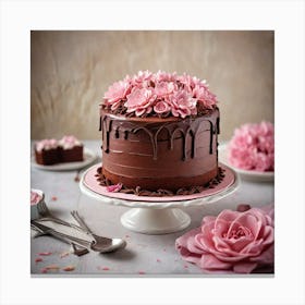 Chocolate Cake Buttercream Icing And Pink Icing Flowers On A Table Background Nicely Blurred Highlig 457477734 Canvas Print