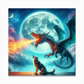 Fire Breathing Dragon and Wolf Canvas Print