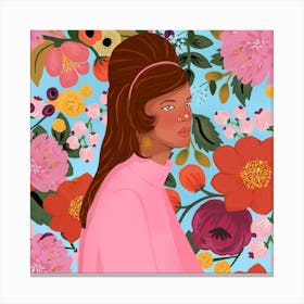 Pink Flowers And The 60's Girl Canvas Print