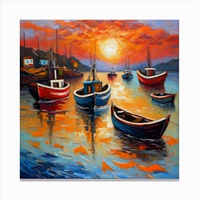 Boats In The Harbor At Sunset Canvas Print