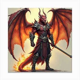 Dragonborn Warrior With Fiery Wings In Battle Stance 1 Canvas Print