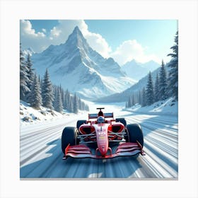 Formula Car Speeding Through A Mountain Pass With Towering Snowy Peaks 1 Canvas Print