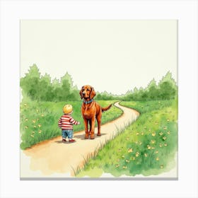 Watercolor Of A Irish Setter And Child On A Country Trail 1 Canvas Print