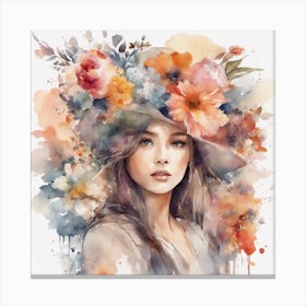 A Watercolor Detailed Painting Of Girl Featuring A Vintage Girl Beautiful Colourful Flowers On A Whi Canvas Print