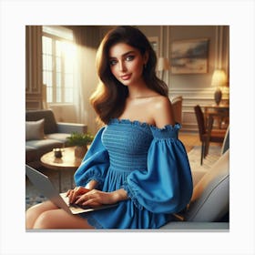 Beautiful Young Woman Working On Laptop Canvas Print