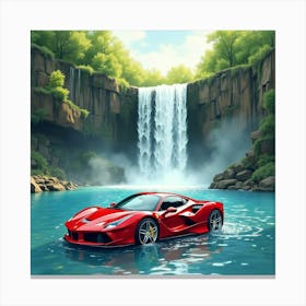 A Ferrari By A Watercolor Waterfall Cascading Into A Tranquil Pool 1 Canvas Print