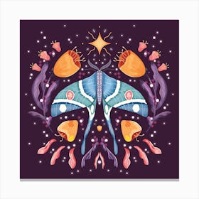 Night Blue Moth On Floral Purple Background And Decoration Square Canvas Print