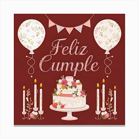 Feliz cumple and Feliz cumpleaños sign means Happy Birthday in Spanish language, Birthday party celebration gift with birthday cake candle colorful balloons best congratulation over light background wall artFeliz Cumple 41 Canvas Print