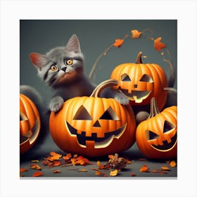 Halloween Kittens With Pumpkins Canvas Print