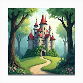 Ancient Watercolor Castle Amidst Enchanted Forest 1 Canvas Print