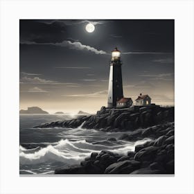 A Picturesque Lighthouse Standing Tall On A Rocky Coastline, Guiding Ships At Night 1 Canvas Print