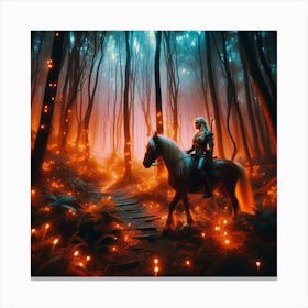 Woman Riding Horse In The Forest Canvas Print