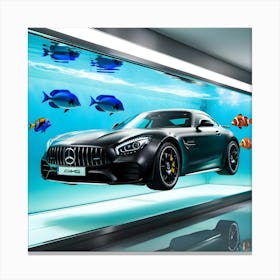 A Sleek, Black Mercedes Benz AMG Sports Car Submerged In A Massive, Transparent Fish Tank (1) Canvas Print