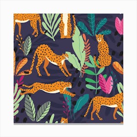 Tropical Cheetah Pattern On Deep Purple With Colorful Florals And Decoration Square Canvas Print