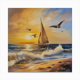 Oil painting design on canvas. Sandy beach rocks. Waves. Sailboat. Seagulls. The sun before sunset.17 Canvas Print