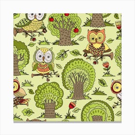 Seamless Pattern With Trees Owls Canvas Print