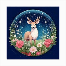 Firefly Charming, Cute, Reindeer, Baby, Winter, Meadow, Starry, Night, Round, Background, Peonies, S Canvas Print