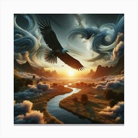 3 Dimensional Eagle Flying Over A Field Creek Sunset Clouds Swirling Canvas Print