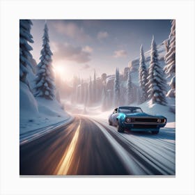 Car Driving On Snowy Road Canvas Print