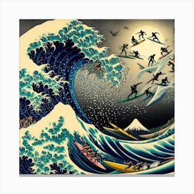 Inspired by Hokusai: The Great Wave's Embrace - Surfers Dancing with Eternity Canvas Print
