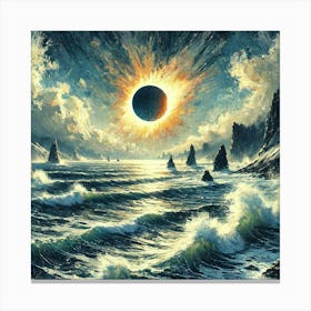 A Solar Eclipse Over The Rough Ocean In Guache With Lots Of Texture AI Canvas Print