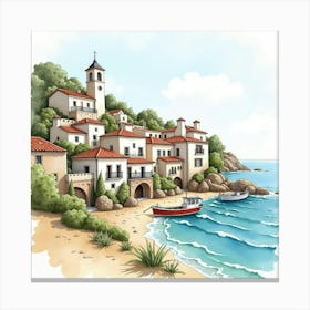 Spanish Coastal Village With Quaint Houses Depicted In Watercolor Canvas Print