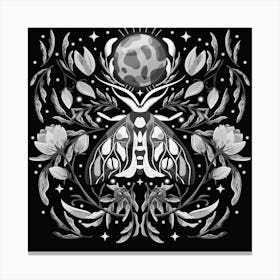 Night Black And White Moth On Floral Background And Moon Square Canvas Print