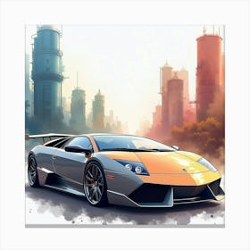 Lamborghini Reventón With A Watercolor Futuristic Cityscape 1 Canvas Print