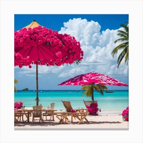 Beautiful Flowers Umbrella On The Beach Canvas Print