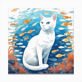 White Cat With Fishes Canvas Print