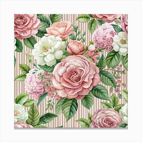 Seamless Pattern With Pink And White Roses On Striped Background Canvas Print