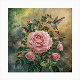 Enchanted Harmony A Vibrant Painting Of A Majestic Rose And Delicate Hummingbird (4) Canvas Print