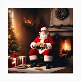 Santa Claus Sitting In Front Of A Fireplace Canvas Print