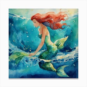 Painting The Little Mermaid Swimming In The Ocean Canvas Print