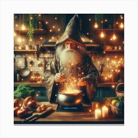 Wizard cooking a meal in a cozy modern kitchen 1 Canvas Print