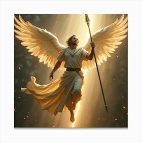 Winged Angelic Warrior Descending With A Radiant Spear Canvas Print