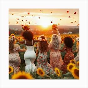 Bridesmaids In Sunflower Field 1 Canvas Print