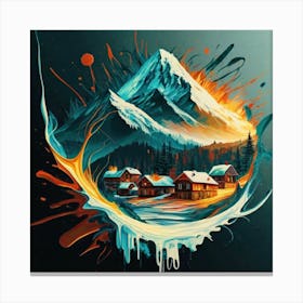 Abstract painting of a mountain village with snow falling 16 Canvas Print